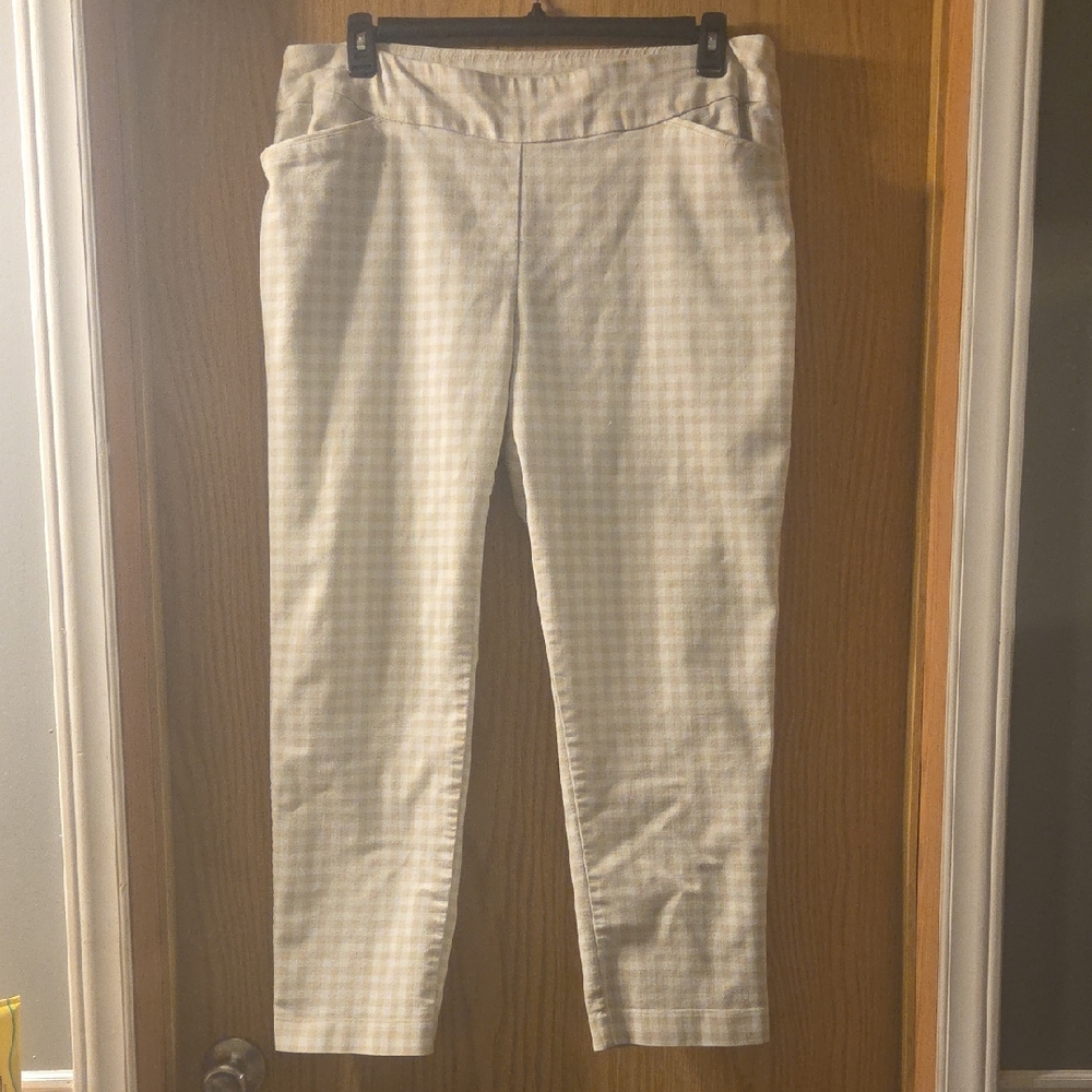 Ultra Flirt Elastic Band Women's Gingham Pants; 16W; White & Cream